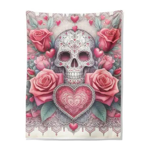 Pink Skull Heart Tapestry